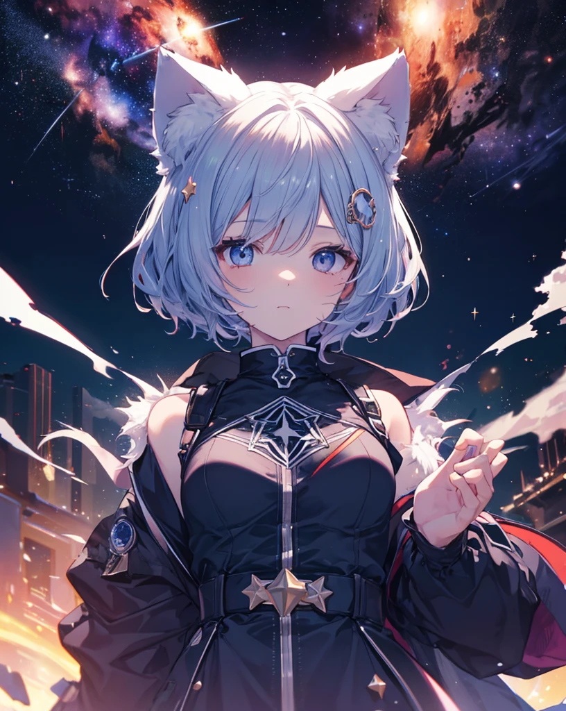 anime nekogirl, with neko ears, looking at a shooting star above the clouds, highly detailed raw color photo, dynamic pose, (cosmic: 1.4), (necropolis: 1.1), (science fiction setting), chromatic aberration, depth of field, soft lighting, masterpiece, best quality, intricate, (lens reflection: 0.7), (flowering: 0.7), particle effects, ray tracing. She's holding a star.she has tremendous power.