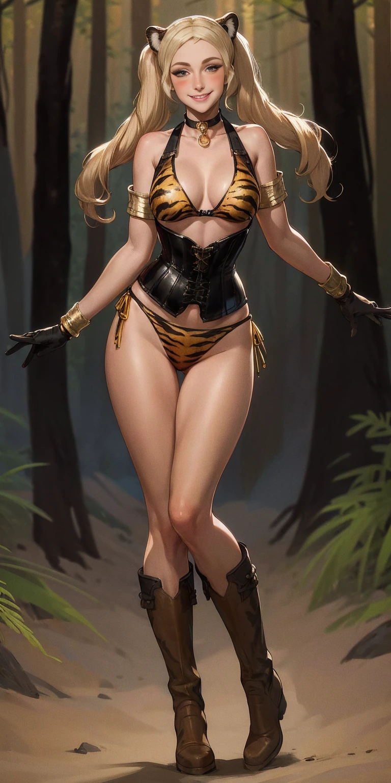 1girl, Forrest from Fire Emblem brown boots, brown gloves blonde twintails, full body, female BIMBO yellowish tiger print bikini, hands on waist, navel, lustful smirking smiling, smile face, red blushed, red cheeks, gold sleeveless armbands, black leather choker collar, sleeves bracelets wristband, leather corset