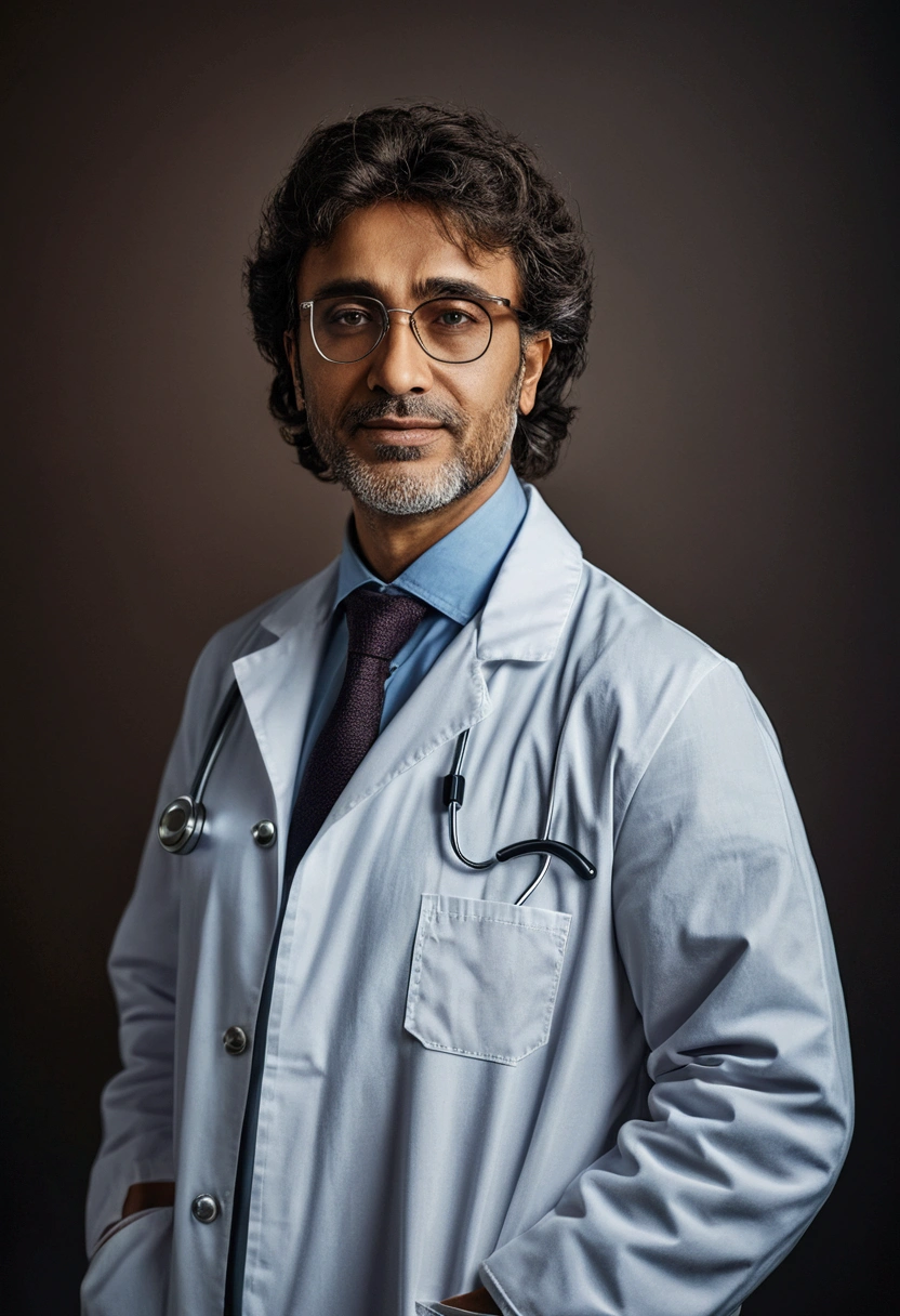 arafa man in white coat and glasses posing for a photo, wearing lab coat and glasses, wearing lab coat and a blouse, doctor photography, medical doctor, portrait of a male pathologist, doctor, wearing a lab coat branco, healthcare professional, wearing a lab coat, wearing lab coat, wearing a lab coat, professional portrait, professional image, (Foto RAW, real, best qualityer, Masterpiece artwork: 1.2), (Hiper realisitic, realisitic: 1.2), high qualiy, (dark ilumination: 1.2), perfect lighting, Lightroom, 35mm films, cinemactic, dimmed colors, dark shot, Muted colours, grainy film, lute, insane details, Intricate details, smirk on face, brighter environment