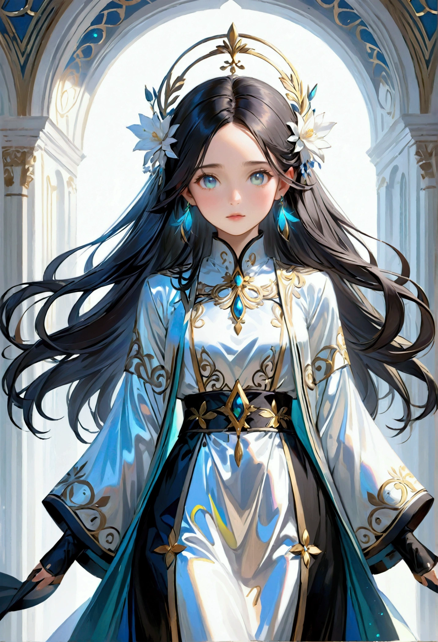Long dark iridescent hair
, Iridescent eyes
, Tall Rectangular Body shape
, Black and white robes
, 8k, super detail