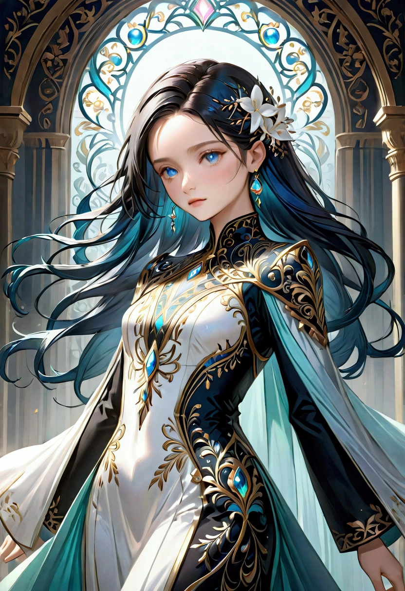 Long dark iridescent hair
, Iridescent eyes
, Tall Rectangular Body shape
, Black and white robes
, 8k, super detail