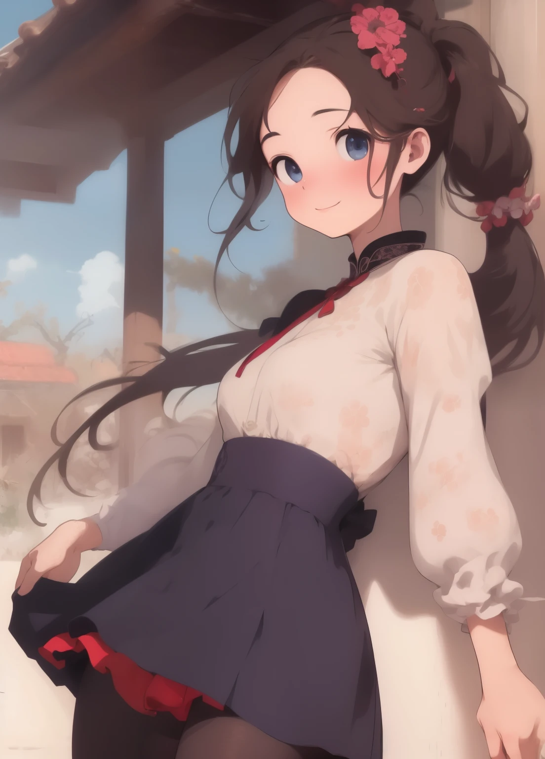 (masterpiece、Highest quality、Highest quality、Official Art、Beautiful and beautiful:1.2)、(One girl:1.3)Hatsune Miku、Twin tails,Beautiful breasts, Katsushika Hokusai, (masterpiece), ((Highest quality)), (Very detailed), (Beautiful eyes Beautiful details Eyes, Clean and delicate face), Single braided blonde ponytail, Parted bangs, amount, blue eyes, smile, Wearing a high-end mini Chinese dress, No sleeve, pantyhose, thigh, Alphonse Mucha