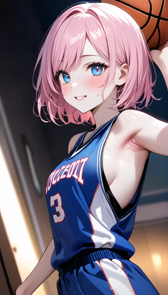 (1 girl),(Best Picture Quality, 8K, Masterpiece:1.3), (high school student:1.5), ((pink lob hair:1.1)), (bob cut),(swept bangs), (cute eyes, pupil black, iris skyblue, youthful face), (mole under right eye), (standard weight), (small breasts), (glistening skin:1.1),(pale skin:1.2),((showing armpits)),((basketball uniform)),(Smile),(sweat),