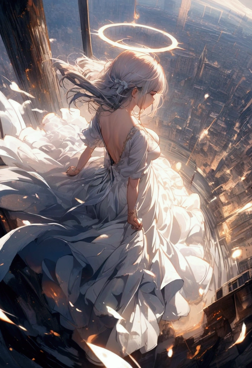 
one (Rear view:1.5) A very beautiful female angel\(Long platinum hair, wide back white dress,(From her chest hangs big, beautiful angel wings.),Very beautiful shining halo\), She has her arms wide open as if asking for help., She&#39;s on the clouds、Looking down at the world below, Fierce war\((Lots of sparks and fire), fail, Fighter, Many buildings collapsed, Nature is destroyed, Magnificent and spectacular views\) It&#39;s happening under the clouds, BREoneK ,quality\(8k,Highly detailed CG unit wallpaper, masterpiece,High resolution,top-quality,top-quality real texture skin,surreal,Increase the resolution,RoneW photos,highest quality,Very detailed,wallpaper,Cinema Lighting,Ray-tracing,Golden Ratio\),[Browsing Caution],Dynamic Angle,[Browsing Caution],From above