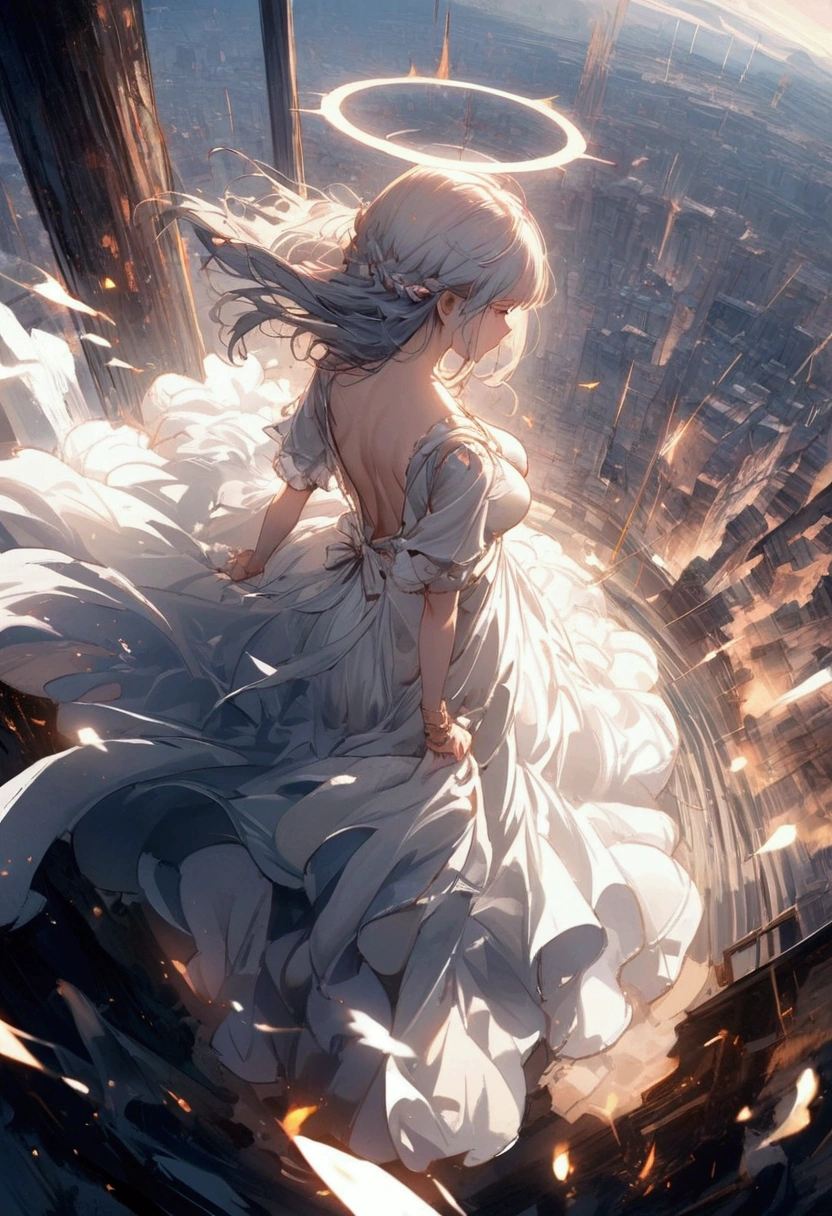 
one (Rear view:1.5) A very beautiful female angel\(Long platinum hair, wide back white dress,(From her chest hangs big, beautiful angel wings.),Very beautiful shining halo\), She has her arms wide open as if asking for help., She&#39;s on the clouds、Looking down at the world below, Fierce war\((Lots of sparks and fire), fail, Fighter, Many buildings collapsed, Nature is destroyed, Magnificent and spectacular views\) It&#39;s happening under the clouds, BREoneK ,quality\(8k,Highly detailed CG unit wallpaper, masterpiece,High resolution,top-quality,top-quality real texture skin,surreal,Increase the resolution,RoneW photos,highest quality,Very detailed,wallpaper,Cinema Lighting,Ray-tracing,Golden Ratio\),[Browsing Caution],Dynamic Angle,[Browsing Caution],From above