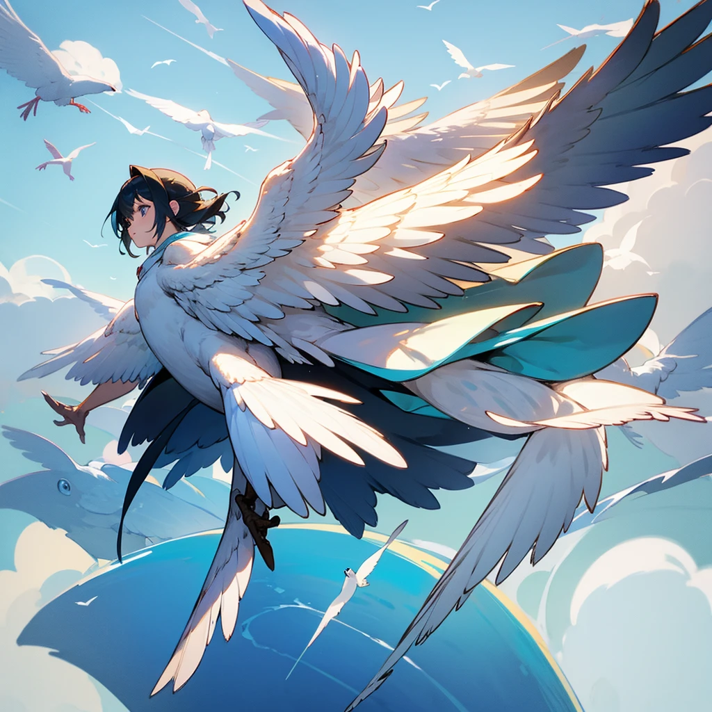 Bird that became a human、large plumage、flying、Anime style: There are four birds around
