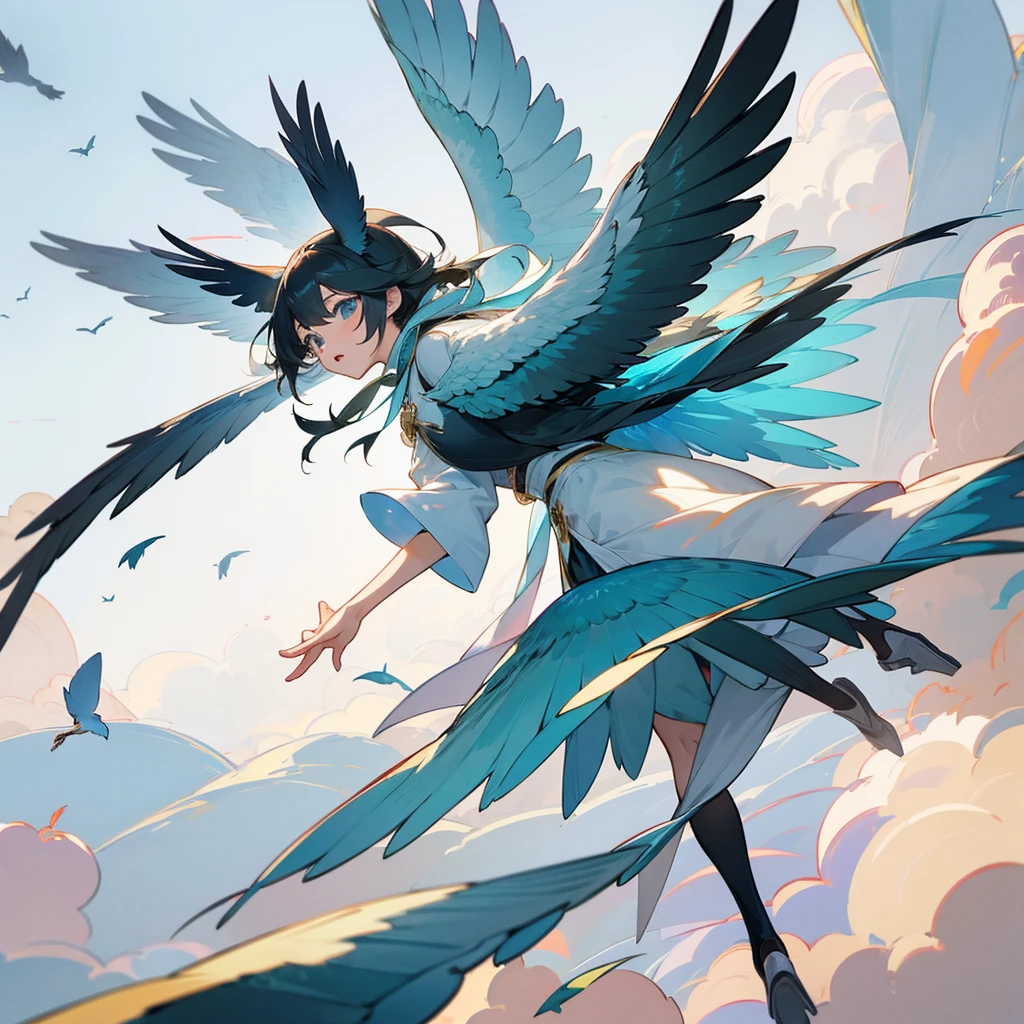 Bird that became a human、large plumage、flying、Anime style: There are four birds around