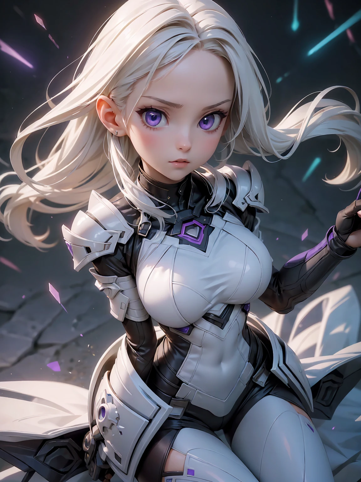 ((Best Quality)), ((Masterpiece)), ((Realistic)) slender, cute girl with medium-length white hair and vibrant purple eyes. She wears a tight-fitting, sleek suit with high-tech boots and chestplates. The outfit includes matching vambraces, all in a futuristic, high-tech design. She wields a high-tech sword, adorned with glowing lights along the blade and hilt. The girl's expression is calm and focused, complementing her stylish, advanced gear.
