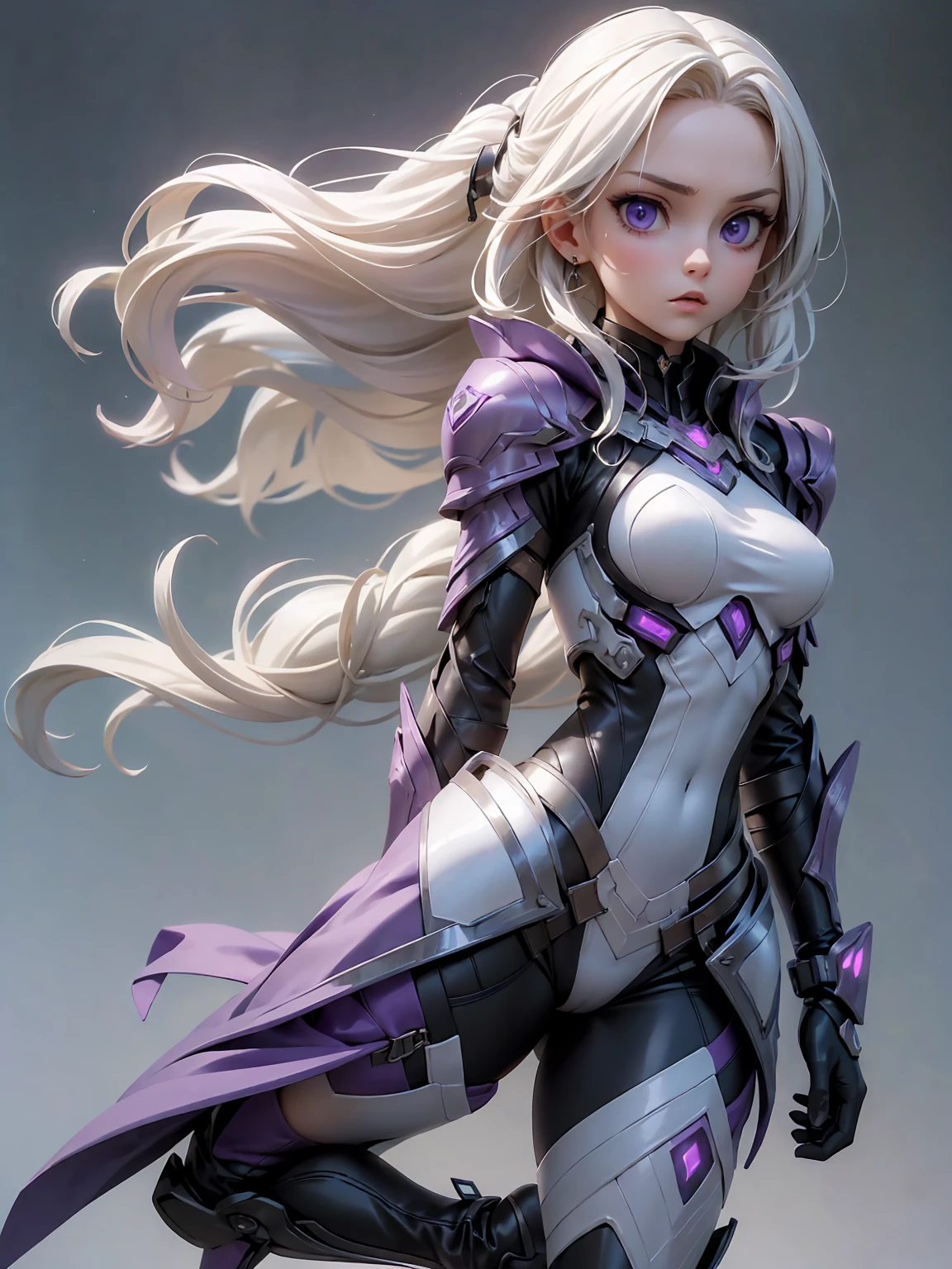 ((Best Quality)), ((Masterpiece)), ((Realistic)) slender, cute girl with medium-length white hair and vibrant purple eyes. She wears a tight-fitting, sleek suit with high-tech boots and chestplates. The outfit includes matching vambraces, all in a futuristic, high-tech design. She wields a high-tech sword, adorned with glowing lights along the blade and hilt. The girl's expression is calm and focused, complementing her stylish, advanced gear.