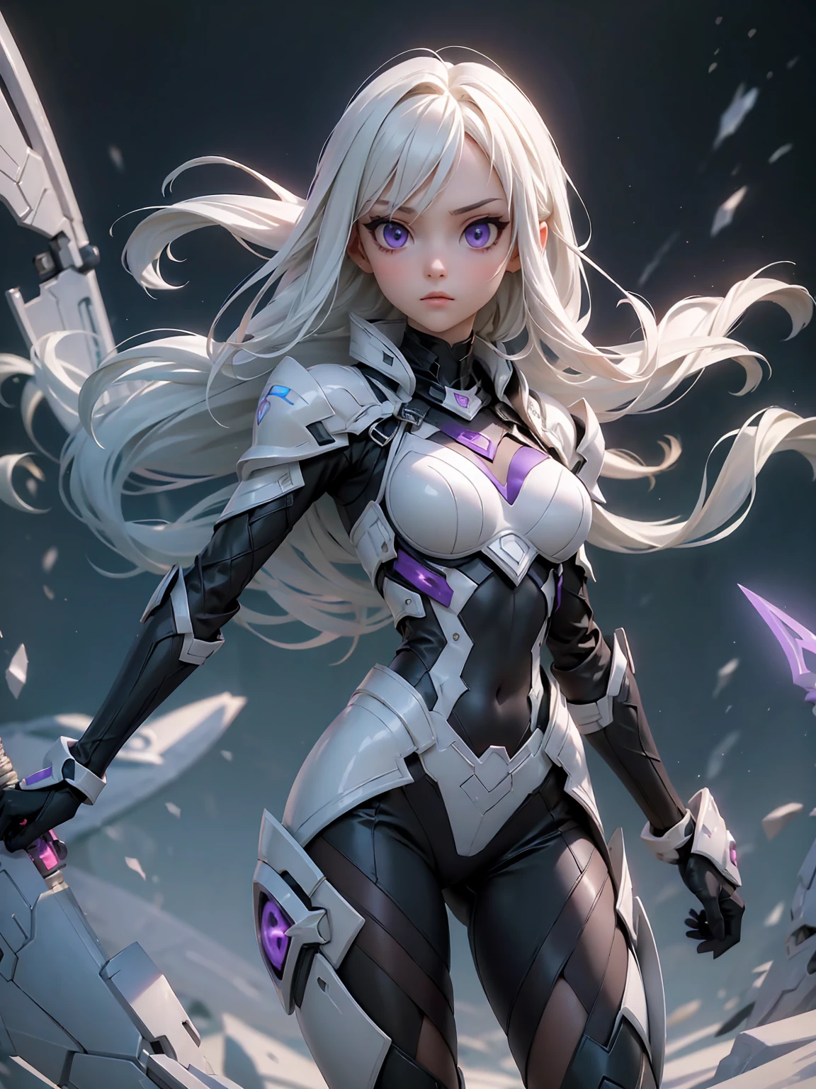 ((Best Quality)), ((Masterpiece)), ((Realistic)) slender, cute girl with medium-length white hair and vibrant purple eyes. She wears a tight-fitting, sleek suit with high-tech boots and chestplates. The outfit includes matching vambraces, all in a futuristic, high-tech design. She wields a high-tech sword, adorned with glowing lights along the blade and hilt. The girl's expression is calm and focused, complementing her stylish, advanced gear.
