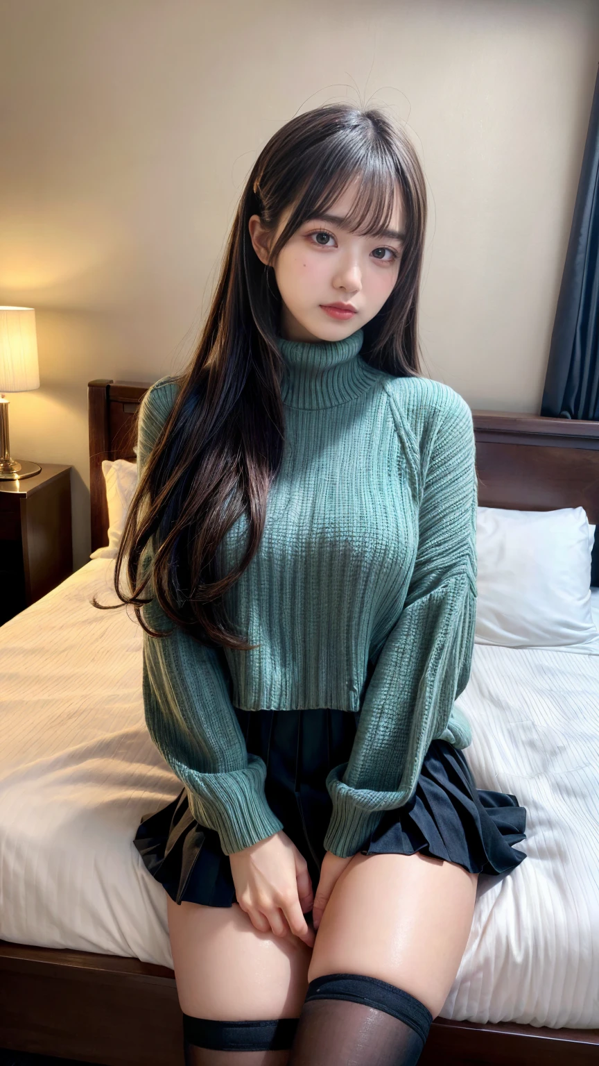 masterpiece, best quality, illustration, Super detailed, fine details, High resolution, 8K,wall paper, perfect dynamic composition,(Details High quality, realistic depiction of eyes:1.3),(Fleece jacket, turtleneck sweater, pleated skirt:1.2), long straight hair, black hair color, Big Natural Color Lip, crying a little、Harajuku style、20 year old girl、cute type、ta、beautiful legs, hotel room, Gravure Idol, Voluptuous thighs