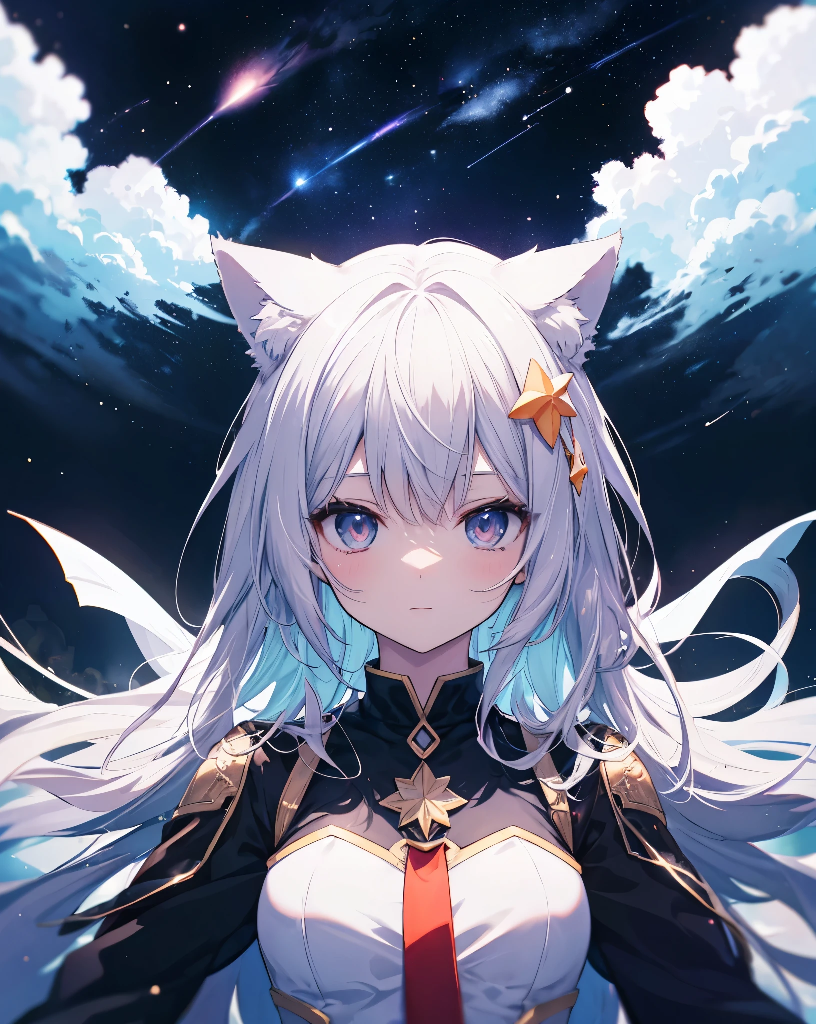 anime nekogirl, with neko ears, looking at a shooting star above the clouds, highly detailed raw color photo, dynamic pose, (cosmic: 1.4), (necropolis: 1.1), (science fiction setting), chromatic aberration, depth of field, soft lighting, masterpiece, best quality, intricate, (lens reflection: 0.7), (flowering: 0.7), particle effects, ray tracing. She's holding a star.she has tremendous power.