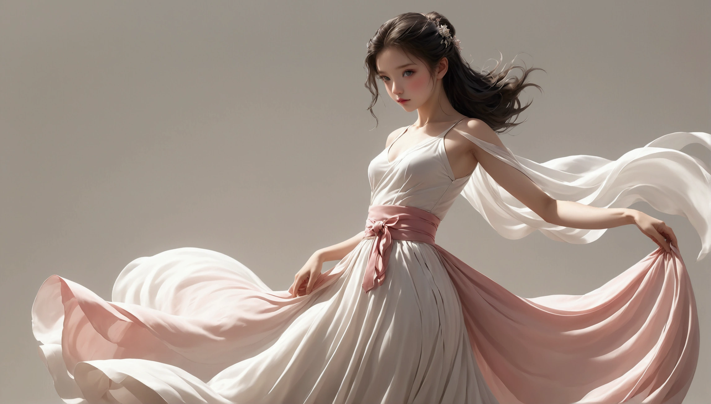 Dance photography;A dancer,Solitary;A in a gorgeous long dress,Princess dress,Chinese style skirt,pink,Conservative style,Smudged skirt hem;Dancing moves;elegant,Flexible skirt;Long hair shawl。Full body view,front; Simple style;Minimalism。White background,Pure white background;Panoramic photography;Depth of Field, Extraordinary details, masterpiece, high quality, 4K,cinematic lighting, motion blur, depth of field, sparkle, ray tracing, reflection light, anatomically correct, uhd, textured skin, best quality, super detail, highres, high details, accurate, high quality, award winning。