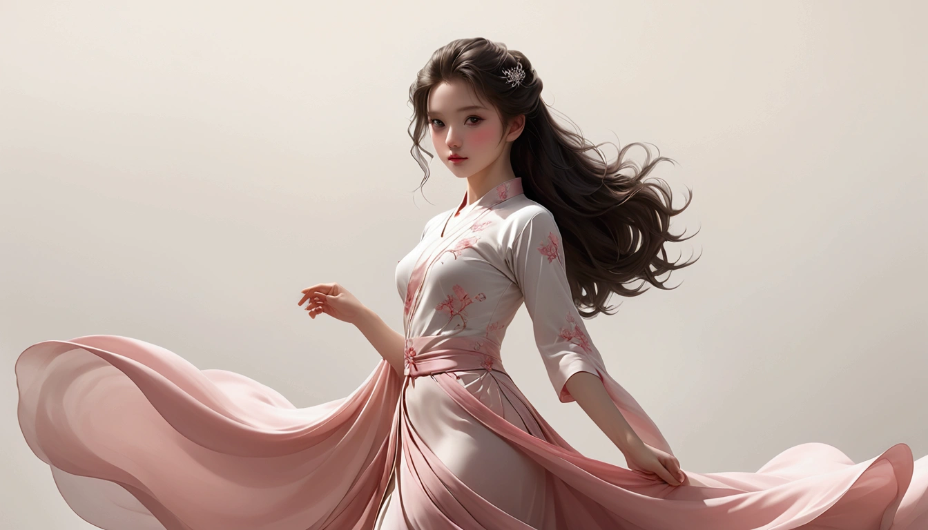 Dance photography；A dancer，Solitary；A little girl in a gorgeous long dress，Princess dress，Chinese style skirt，pink，Conservative style，Smudged skirt hem；Dancing moves；elegant，Flexible skirt；Long hair shawl。Full body view，front； Simple style；Minimalism。White background，Pure white background；Panoramic photography；Depth of Field, Extraordinary details, masterpiece, high quality, 4K，cinematic lighting, motion blur, depth of field, sparkle, ray tracing, reflection light, anatomically correct, uhd, textured skin, best quality, super detail, highres, high details, accurate, high quality, award winning。