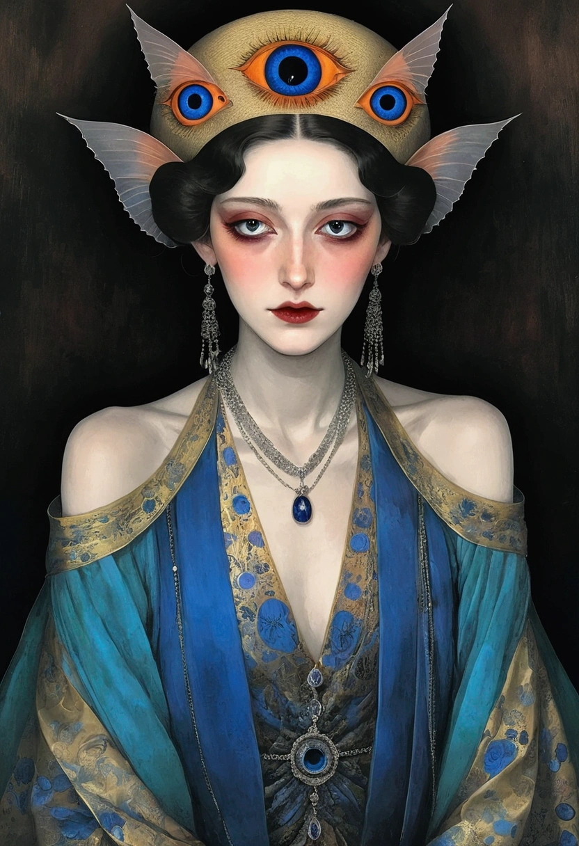 The art of math，Digital Illustration，Drawing，Decorative paintings，Watercolor，(((Harry Clark (Harry Clarke) style,圣地亚哥·卡鲁索style)))，Simple，clean，Fine painting style，(((flattery，Many eyes on the hat。short hair，Pointed ears，robe，Off-shoulder)))，Wide Angle，Black and blue，Solid color background，Human anatomy is correct