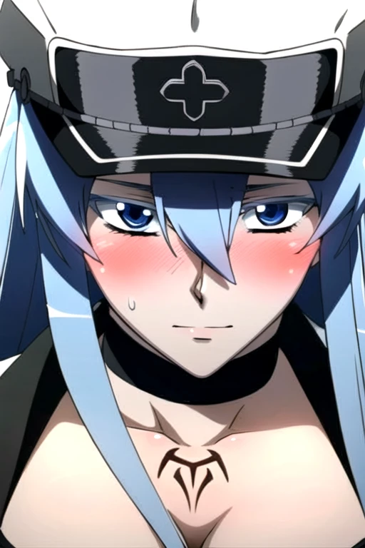 Esdeath, aroused facial expression, blush, sweat, l breasts, large breasts, hat, cleavage, choker, hair between eyes, uniform, military, military uniform, tattoo, peaked cap, chest_tattoo, close-up