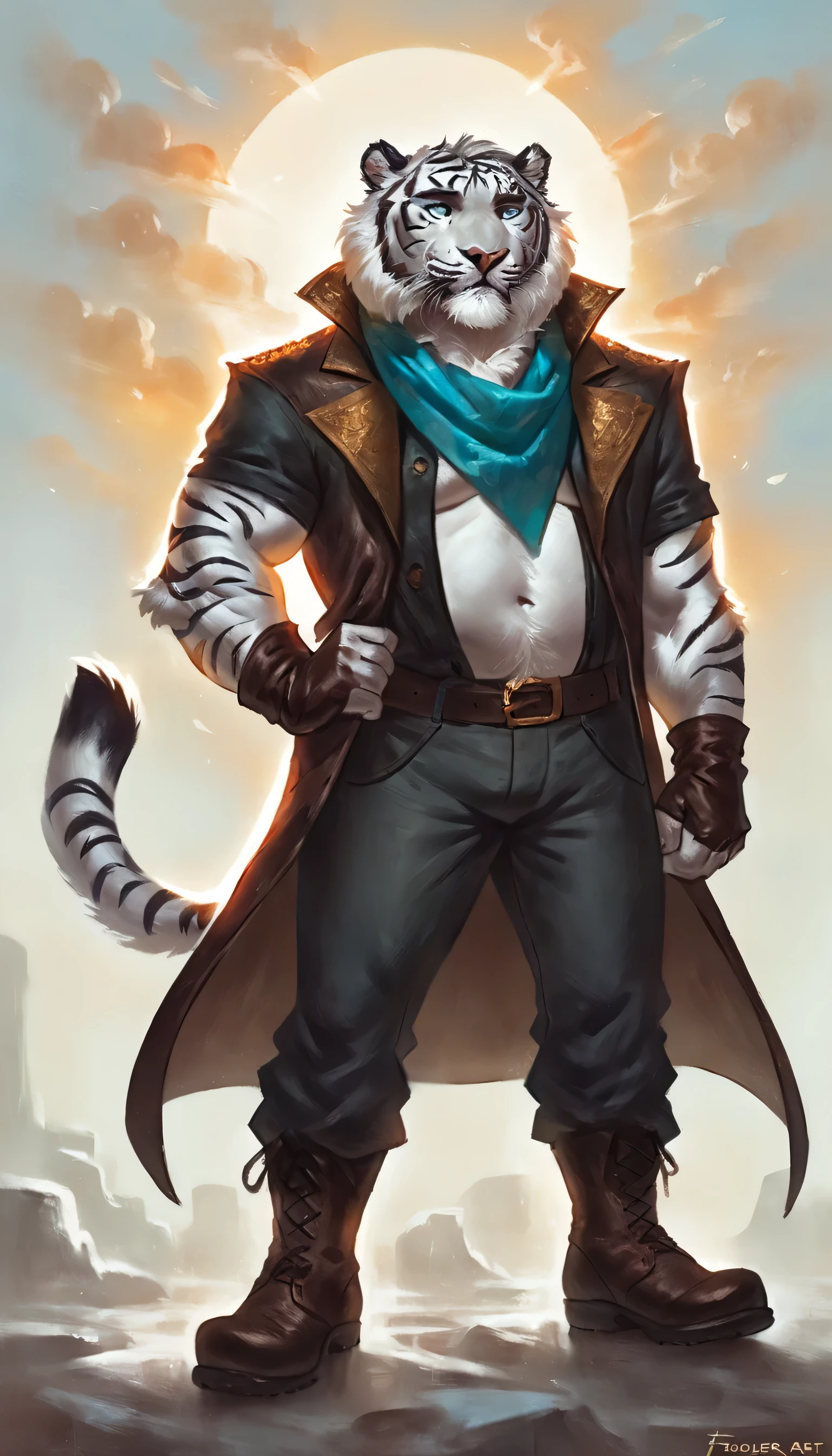 Full body art Anthropomorphic white Tiger with blonde stripes, he has a beefy thick retangular shaped bulky thick girth body. He is fully clothed. White and gold fur. His round-shaped eyes are a piercing shade of “Electric blue” shade of cyan, framed by thick eyebrows. His attire, is simple, a true peasant cloth, a slightly dark leather open overcoat of fabric vest with short sleeves with a rich darker green texture, He also wears a light cyan old ragged scarf and dark gray blue pants and fingerless brown leather gloves, also brown leather boots and black medieval male shirt. Fur is predominantly pristine white with golden stripes highlights. His eyes shine with the sun rays. white and golden feathers float in the wind around him. his fur is a little spiky and filled in a robust handsome way. gentle calm smile expression in the face. His golden chest hair is kept at a moderate length. gently posing. Anthro Artist Taran Fiddler art Style, epic character, olhos detalhados, Olhos lindos, escalas detalhadas. simple solid white Background