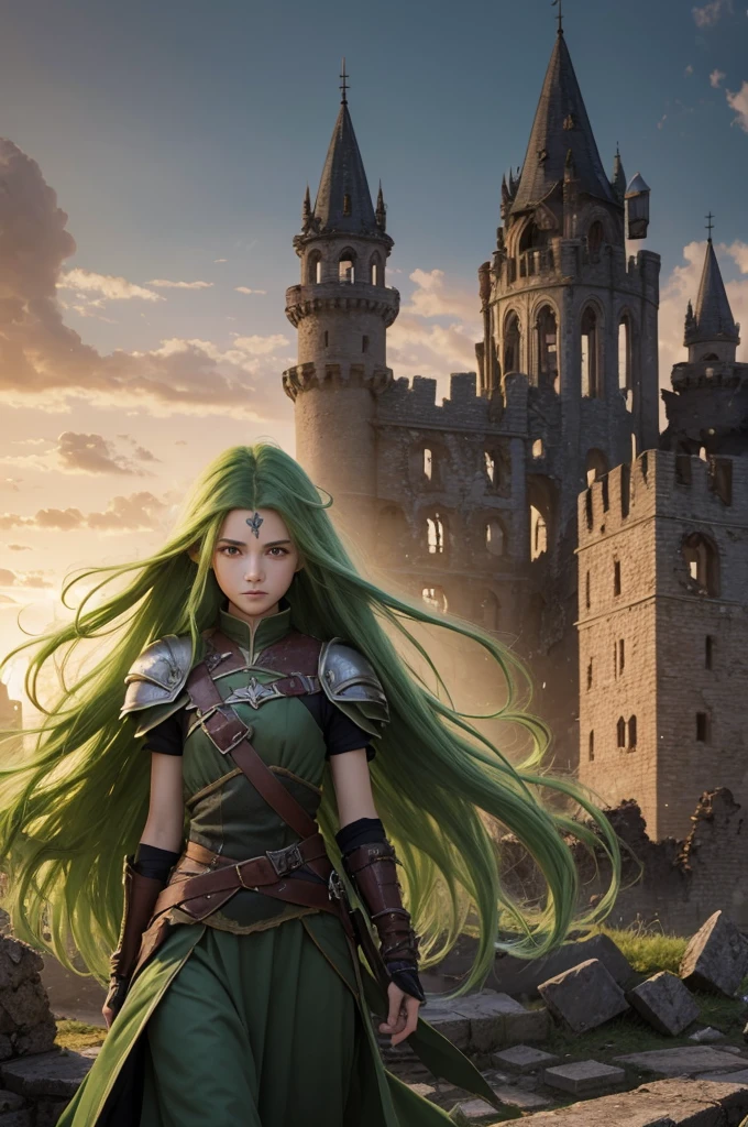 Background with a destroyed castle, one with long green hair, in battle clothes, and a boy with dark hair and almond eyes 