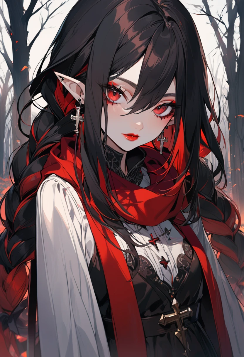 1 girl, small , alone, long hair, braids, looking at viewer, bangs, black hair, red eyes, hair between eyes, lips, long shoulders, jewelry, red hair, multicolored hair, earrings, pointy ears, scarf black, two-tone hair, makeup, cross, light skin, spikes, vampire, pointed collar, crossed earrings, long blouse, in the garden, , several winter trees,