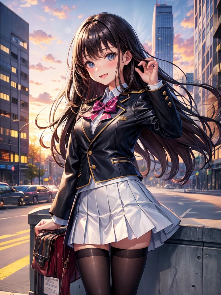 Best Quality,Young Girl, girl,Light novel,Skyscraper background,Beautiful Girl Country,Beautiful girl elementary school student,Beautiful girls,8K,Perfectly portrayed,smile,High quality,New uniform coordination,Absurd,colorful,masterpiece,Long Hair,leather jacket,Sparkling,Horny girl,Naughty Girls,Angel,Perfect Face,strongest,Cute uniform,blazer,mini skirt,tights,stylish,
