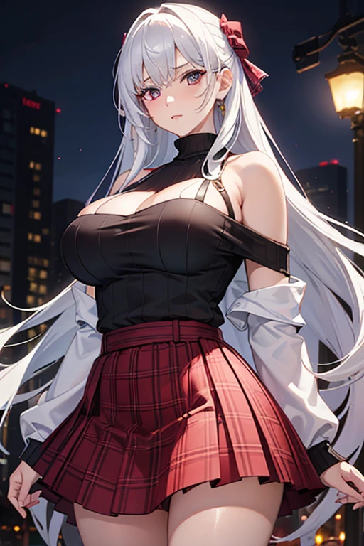 1girl, off-shoulder sweater, plaid skirt, long white hair, crimson right eye, violet left eye, big breasts, thick thighs, detailed, (best quality), (masterpiece), realistic, photorealistic, photo-realistic:1.37, HDR, UHD, studio lighting, ultra-fine painting, sharp focus, physically-based rendering, extreme detail description, professional, vivid colors, bokeh, portraits