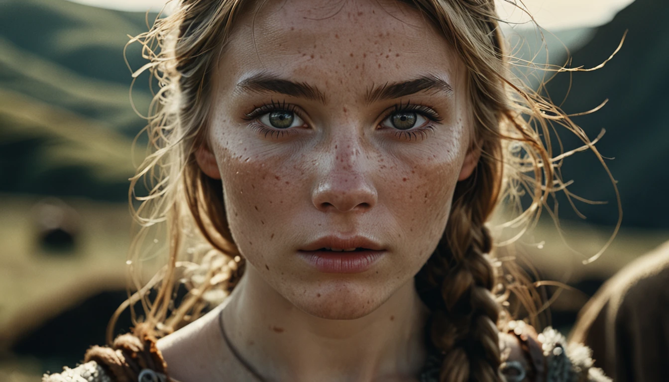 cinematic film still 25 year old viking chief girl, no make up, plain photograph, highly detailed face, depth of field, moody light, golden hour, style by Dan Winters, Russell James, Steve McCurry, centered,extremely detail ed,Nikon D850, award winning photography, waist up visible, lightly freckled, soft eyes, natural skin, high detailed face, high detailed cloth, (pale skin:1.2), glossy photo, Hyperrealistic art cinematic film still photography in the style of detailed hyperrealism photoshoot, RAW, color graded 400 film, remarkable color, realistic dull skin noise, Thorough, analog style, highest quality, skin pores, sharp focus, dappled lighting, film grain, photographed on a Sony A7R IV,18mm F/1.7 cine lens, (highly detailed, intricately detailed), 8k,HDR, shallow depth of field, vignette, highly detailed, high budget, bokeh, cinemascope, moody, epic, gorgeous, film grain, grainy