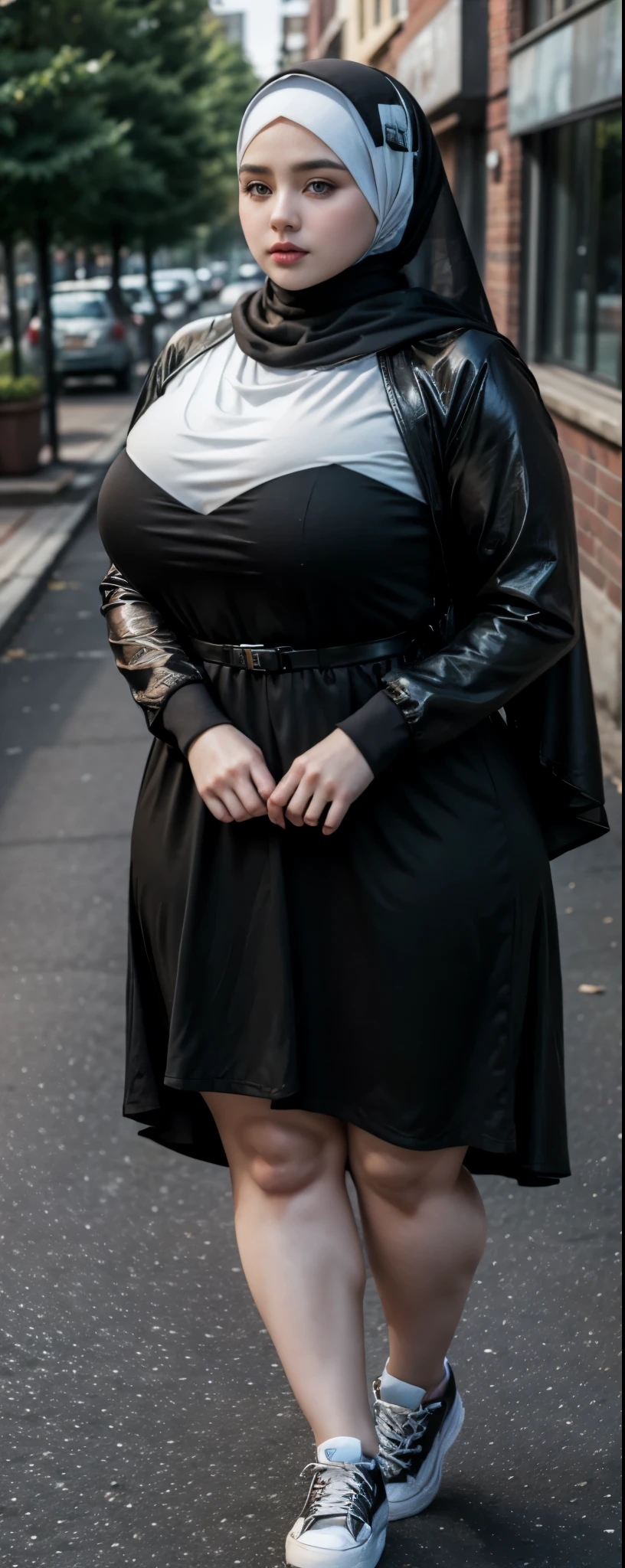 Milky white skin woman in black dress and hijab walking down the street, , hijab outfit, , hijab fashion model, plus size, plus size woman, , woman in black robes, beautiful woman, thicc, black outfit,, bbwchan , white sneakers , Height 170 cm, beautiful woman, with a beautiful appearance, a very beautiful masterpiece, a masterpiece of art, good lighting, Bright colors, Clean lines, .