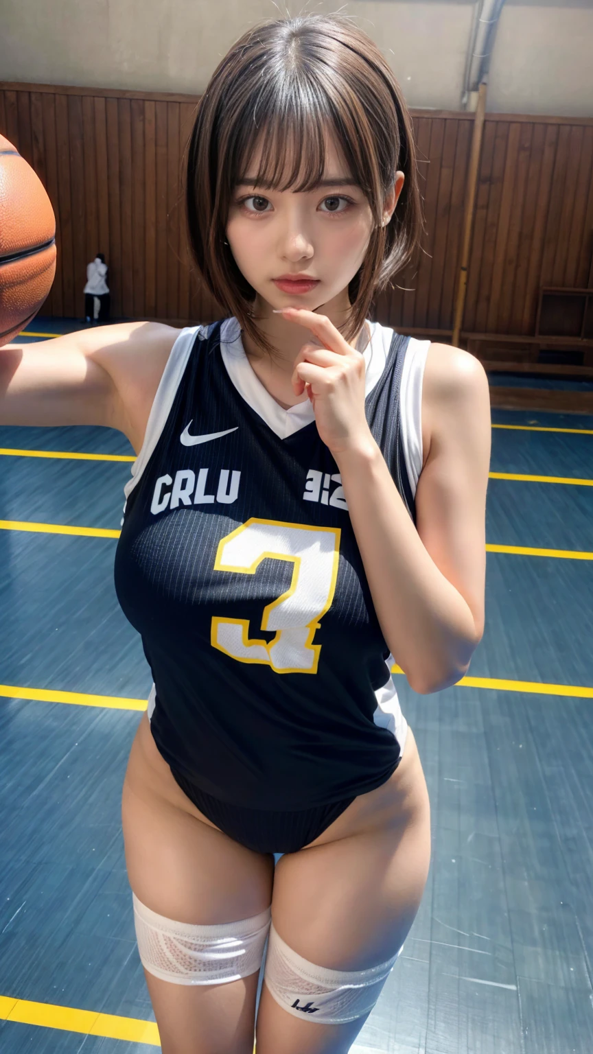 masterpiece, best quality, illustration, Super detailed, fine details, High resolution, 8K,wall paper, perfect dynamic composition,(Details High quality, realistic depiction of eyes:1.3), (highest quality), (High resolution), (very delicate and beautiful),(Beautiful 8K face), (NBA),(basketball sportswear),(play basketball),(reality), large breasts, ((gymnasium)), very short hair, black hair color, Big Natural Color Lip, bold sexy pose, crying a little、Harajuku style、20 year old girl、cute type、lolita, hposing Gravure Idol, full body photo、focus on crotch、thighs exposed