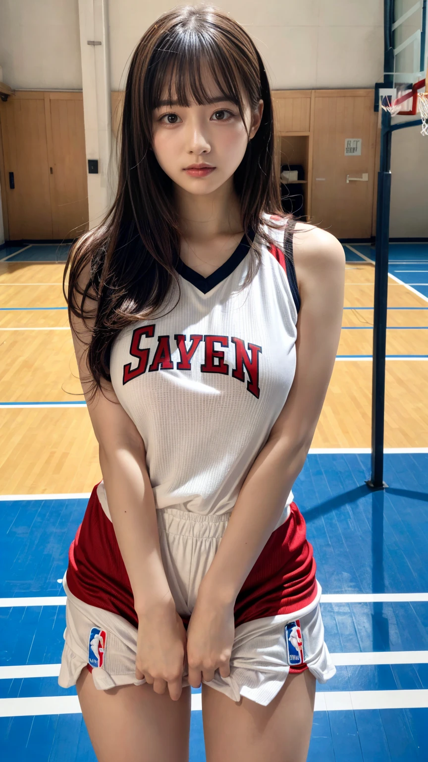 (absurdres, RAW photo, extremely delicate and beautiful, masterpiece, Best Quality, ultra high resolution, 32k, hyperrealistic, ultra-detailed, perfect anatomy, anatomically correct:1.2), perfect figure, Perfect Style, Perfect balance, super Detailed skin, in her 30s, very Slim body, narrow waist, very small head, very small face, delicate facial features, handsome detailed woman, very detailed eyes and face, realistic face proportions, Realistic beautiful face, Realistic beautiful eyes, tearful mole, earring, very huge round tits, (full body shot:1.2), (whole legs:1.2), medium hair, dark blonde hair, asymmetrical hair, indoor, (soccer Jersey:1.2), (sleeveless:1.2),