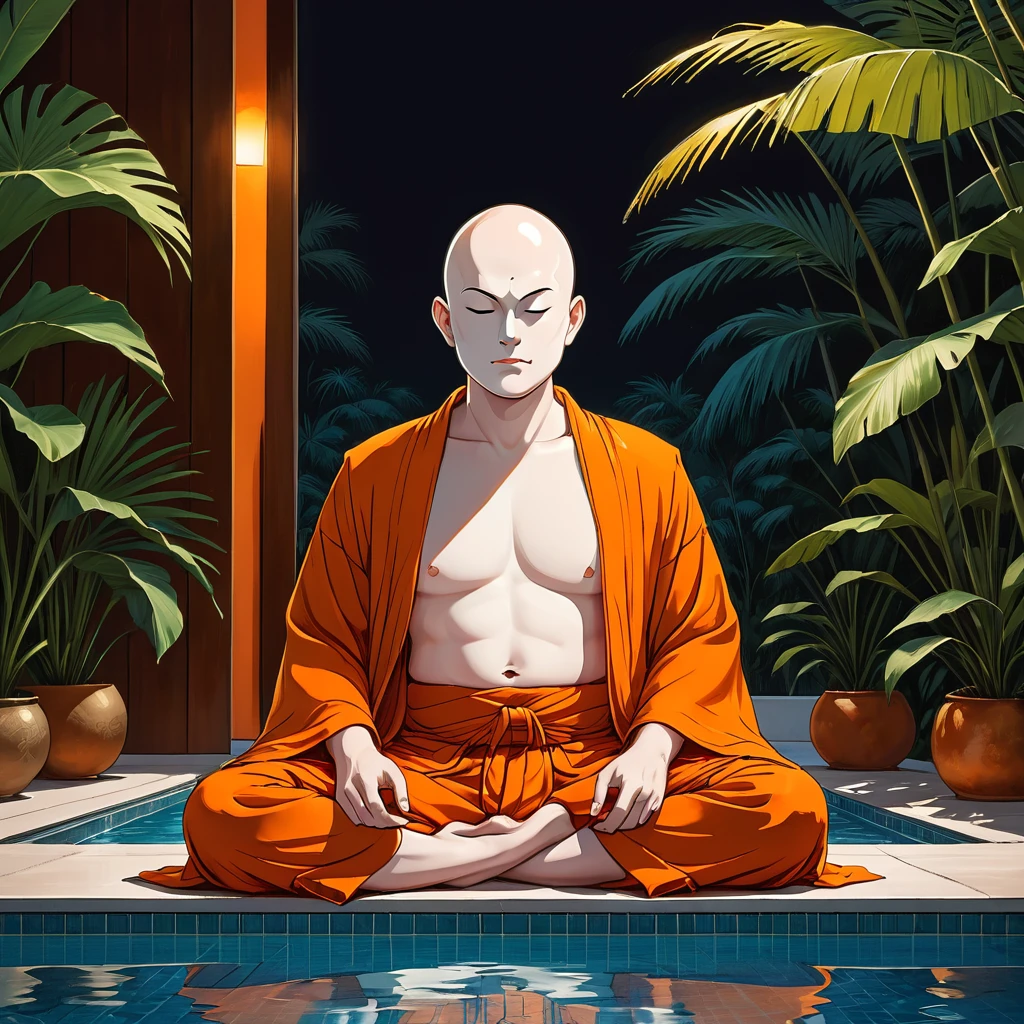 night, ((orange Kashaya)),blind Buddhist monk sitting in lotus position next to the pool at the white hotel, tropical, palm, white hotel, pool, round face, white eyes, no eyebrows, no hair, bald, paw-eared, round cheeks, narrow lips, man, white sclera eyes, Whitewash Eyes, ((orange Kashaya)), graphic style of novel comics, perfect hands, 2d,
8k, hyperrealism, masterpiece, high resolution, best quality, ultra-detailed, super realistic, Hyperrealistic art, high-quality, ultra high res, highest detailed, lot of details, Extremely high-resolution details, incredibly lifelike, colourful, soft cinematic light,