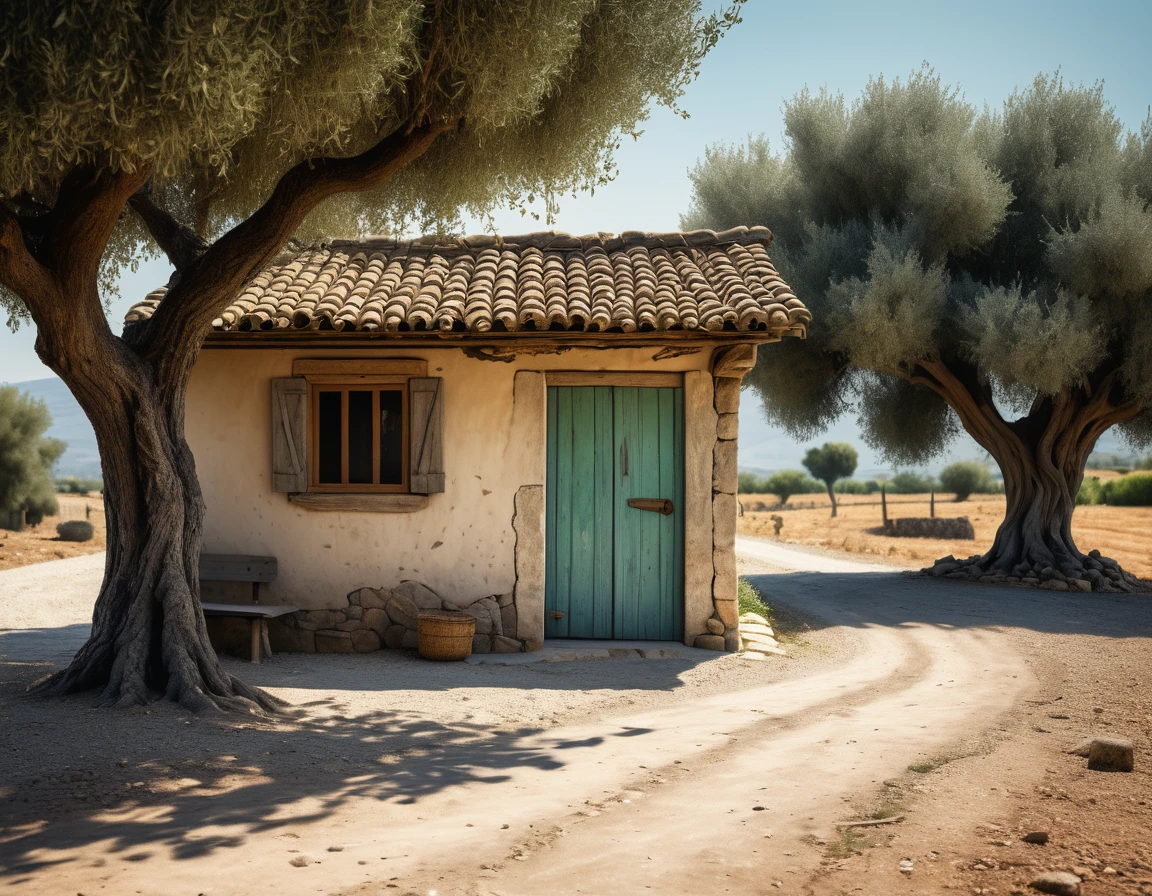 medium shot close up of an old small wooden shack shaded by an olive tree with a brown roof, the house stands behind a weathered concrete wall with wooden gate and a worn and cracked asphalt path and half-covered with gravel at the ends along a depression with a dirt way below, right proportion, perfect composition, wast meadows in the background, cinematic, midday, fantasy house, cinematic, extremely detailed, stylized 3d render, stylized 3d rendering, beautiful fairytale render, amazing, rustic architecture, beautiful 3d render, hyper-maximalism, vray tracing, octane render, hdr, 32k,(masterpiece), best quality