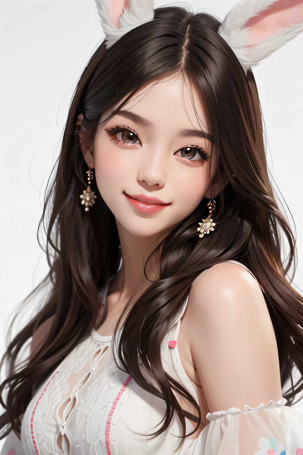 ((best quality)), ((masterpiece)), (detailed), one girl 1girl, dark hair, brown eyes, long hair, cute, happy smile, pastel clothes, cute girl, white bunny ear, bright background