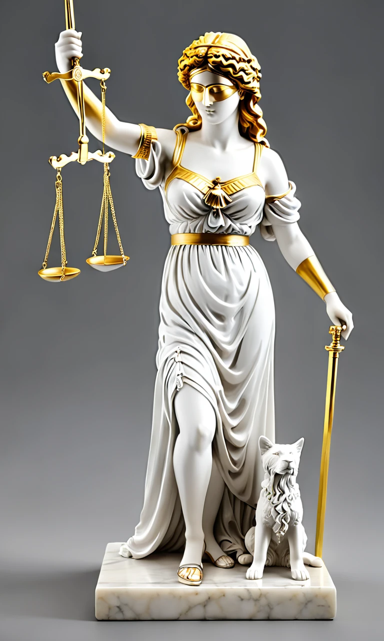 cstatuesdxl,  Statue of Justice, (Statue of Eustathia, Blindfold, Holding a scale and a sword), White and Gold, (masterpiece:1.2), 最high quality, high quality, Simple Background,