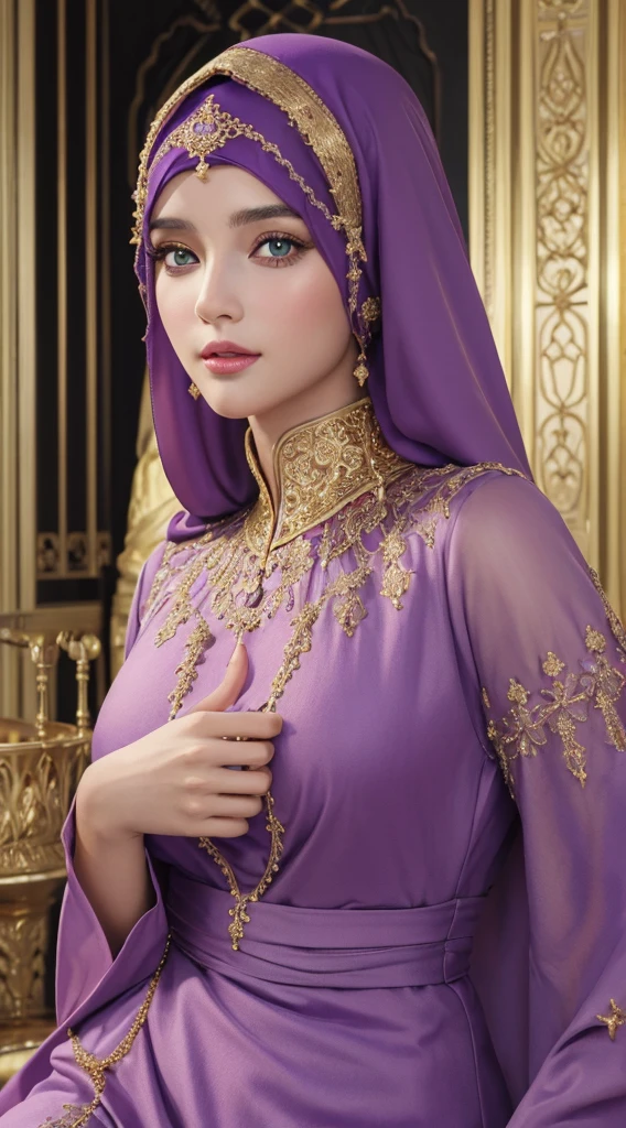 (master piece: 1.3), (8k, photoreallistic, Photo brute, beste-Qualit: 1.4), (1fille), beau visage, (realistic face), (cheveux rouges , cheveux long rouges1.3), belle coiffure, Realistic Crystal Brilliant Bright Eyes Bright, beautiful detailed eyes ،green eyes, brilliant mixed  European and arabian beauty, (realistic skin), belle peau, (tirer), absurdes, attrayant, ultra highres, ultra realist, highly detailed, Golden number wearing a arabic Islamic caftan outfit purple color with hijab,