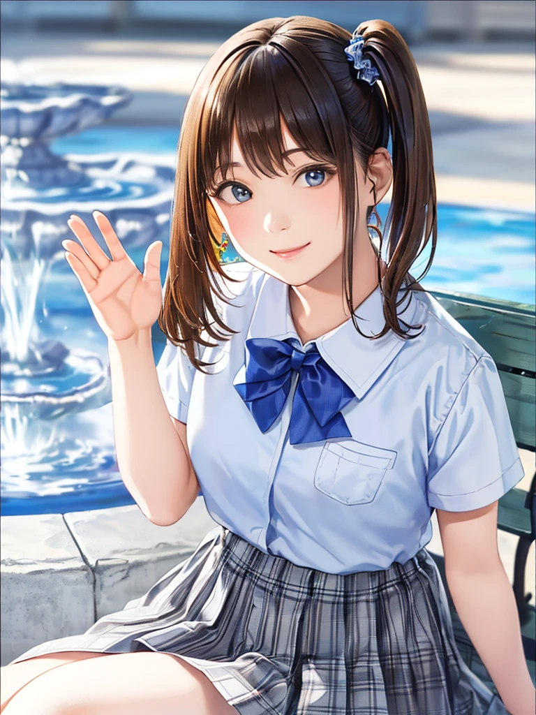 (Highest quality、8k、32K、masterpiece)、(Realistic)、(Realistic:1.2)、(High resolution)、Very detailed、Very beautiful face and eyes、(((Women's Solo Shot)))、Tight waist、(Highest quality、Attention to detail、Rich skin detail)、(Highest quality、8k、Oil paints:1.2)、(Realistic、Realistic:1.37)、Bright colors、(((Cowboy Shot)))、(((Bob Hair)))、(((Medium Hair)))、(((Side Ponytail)))、(((He has a happy face.)))、((smile))、(((Brown Hair)))、((Collared short-sleeved shirt, White shirt, , Grey plaid pleated skirt, Blue checked bow tie), )、(((Park during the day)))、(((Waving both hands)))、(((There is a fountain)))、(((Sit on a bench)))、