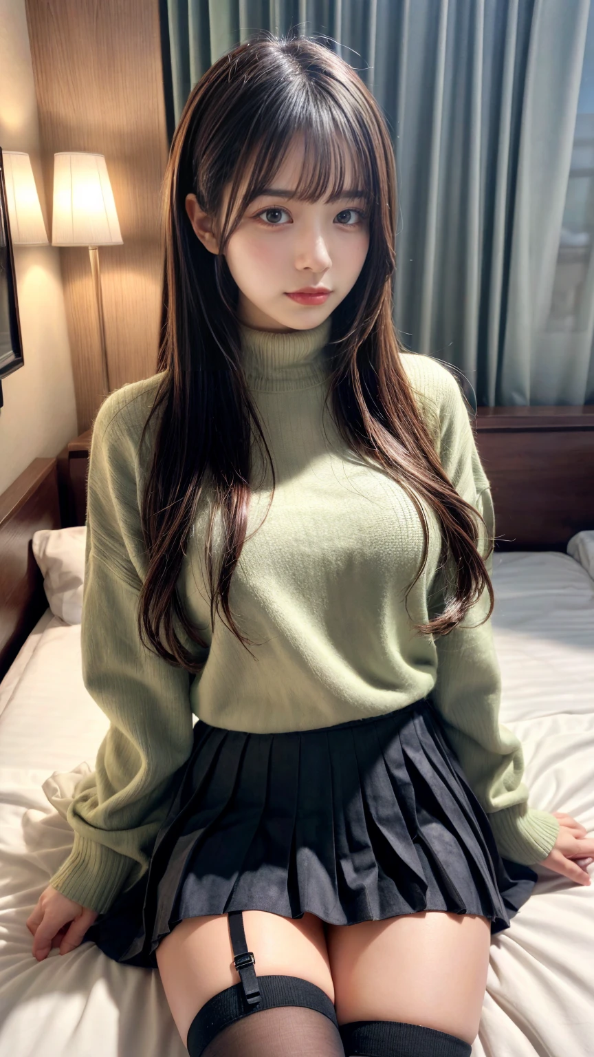 masterpiece, best quality, illustration, Super detailed, fine details, High resolution, 8K,wall paper, perfect dynamic composition,(Details High quality, realistic depiction of eyes:1.3),(Fleece jacket, turtleneck sweater, pleated skirt:1.2), long straight hair, black hair color, Big Natural Color Lip, crying a little、Harajuku style、20 year old girl、cute type、lolita、beautiful legs, hotel room, Gravure Idol, Voluptuous thighs