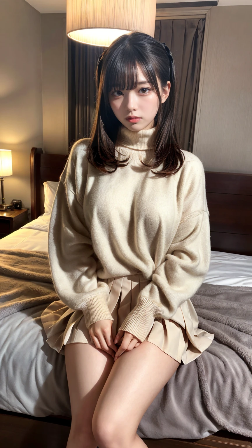 muste piece, best quality, illustration, Super detailed, fine details, High resolution, 8K,wall paper, perfect dynamic composition,(Details High quality, realistic depiction of eyes:1.3), (Fashionable、Beige oversized sweatshirt、long-sleeve),  Lying down, short bob hair, black hair color, Big Natural Color Lip, bold sexy pose, crying a little、cold gaze, Harajuku style、20 year old girl、cute type、lolita、beautiful legs, hotel room, hposing Gravure Idol, Voluptuous thighs