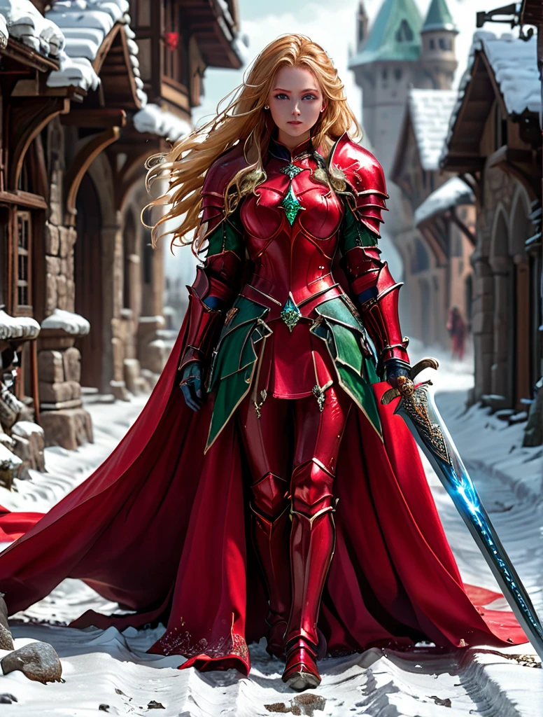 amazing quality, Artwork, best quality, hyper detailed, ultra detailed, Ultra HD, beautiful girl, perfect anatomy, Perfect body, model, elegant pose, wearing fantastic red full body armor with red cape, holding crystal sword, snowy medieval road, (random color:1.4), long hair, various hairstyles, red hair blonde highlights, green eyes, bright eyes, extremely detailed,