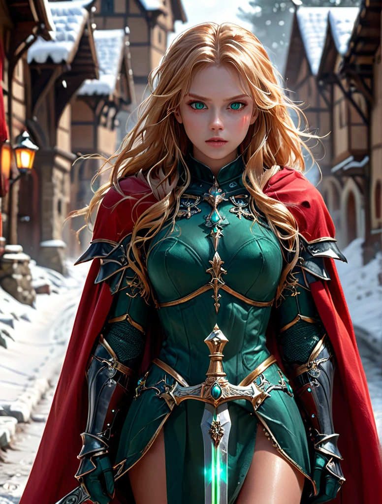 amazing quality, Artwork, best quality, hyper detailed, ultra detailed, Ultra HD, beautiful girl, perfect anatomy, Perfect body, model, elegant pose, wearing fantastic red full body armor with red cape, holding crystal sword, snowy medieval road, (random color:1.4), long hair, various hairstyles, red hair blonde highlights, green eyes, bright eyes, extremely detailed,
