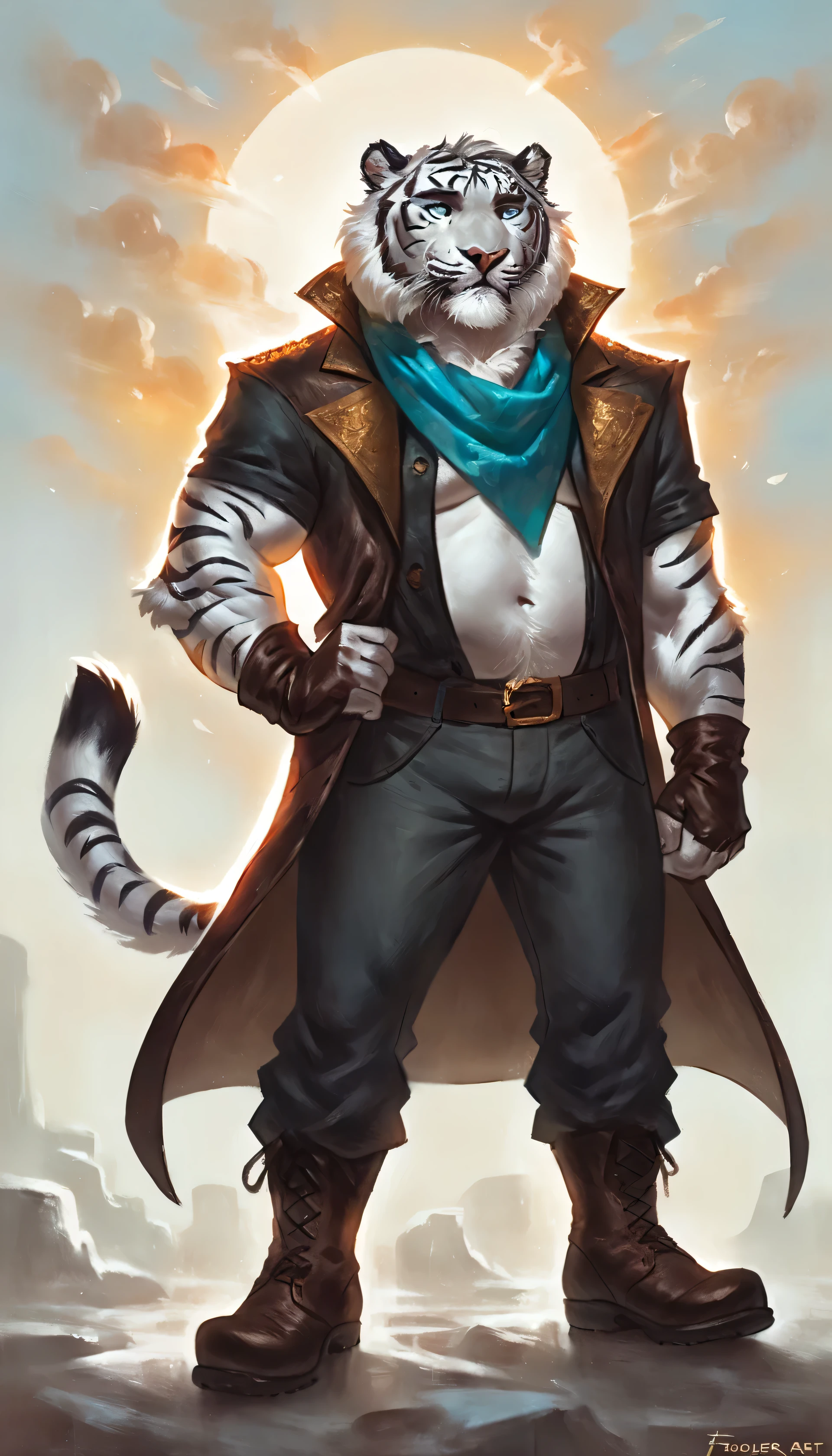 Full body art Anthropomorphic white Tiger with blonde stripes, he has a beefy thick retangular shaped bulky thick girth body. He is fully clothed. White and gold fur. His round-shaped eyes are a piercing shade of “Electric blue” shade of cyan, framed by thick eyebrows. His attire, is simple, a true peasant cloth, a slightly dark leather open overcoat of fabric vest with short sleeves with a rich darker green texture, He also wears a light cyan old ragged scarf and dark gray blue pants and fingerless brown leather gloves, also brown leather boots and black medieval male shirt. Fur is predominantly pristine white with golden stripes highlights. His eyes shine with the sun rays. white and golden feathers float in the wind around him. his fur is a little spiky and filled in a robust handsome way. gentle calm smile expression in the face. His golden chest hair is kept at a moderate length. gently posing. Anthro Artist Taran Fiddler art Style, epic character, olhos detalhados, Olhos lindos, escalas detalhadas. simple solid white Background