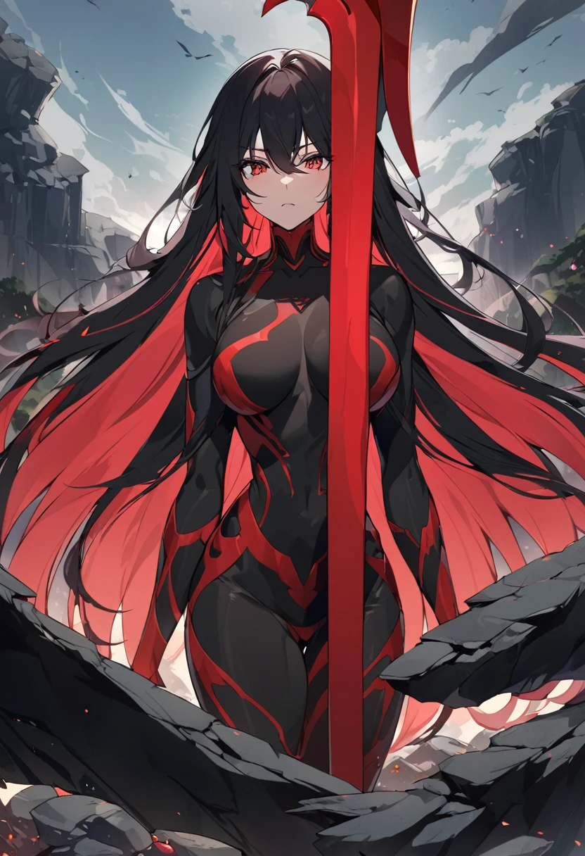((standing alone)), (Woman), cherry red eyes, raven black hair, very long messy hair, vibrant red colored inner hair, (sculpted body), medium-large breasts, thick, maturebody, a close-up of a person with a scythe in a desolate land detailed the anime&#39;s main artwork, Aqueronte, casimir art, masamune shiro, masamune, beautiful Woman in demon slayer art, genshin, heise jinyao, shadowverse style, (in the logos), eclipse, black powers, twilight scenario, detailed clothing, eye reflection, Depth of field, cinematic lighting, ray tracing, Depth of field, cinematic lighting, ray tracing, ultra HD, High details, best qualityer, high resolution, high qualiy, awardwinning, super detaill, work of art, 8k, ultra HD, High details, best qualityer, high resolution, high qualiy, awardwinning, super detaill, work of art, 8k

