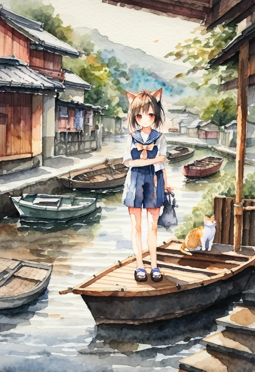 A girl standing in a japanese rural harbor(Funaya, Kyoto,), cat ears,(Sailor uniform, shorts, sandals), old fishing boats, with cats,(Watercolor:1.3),