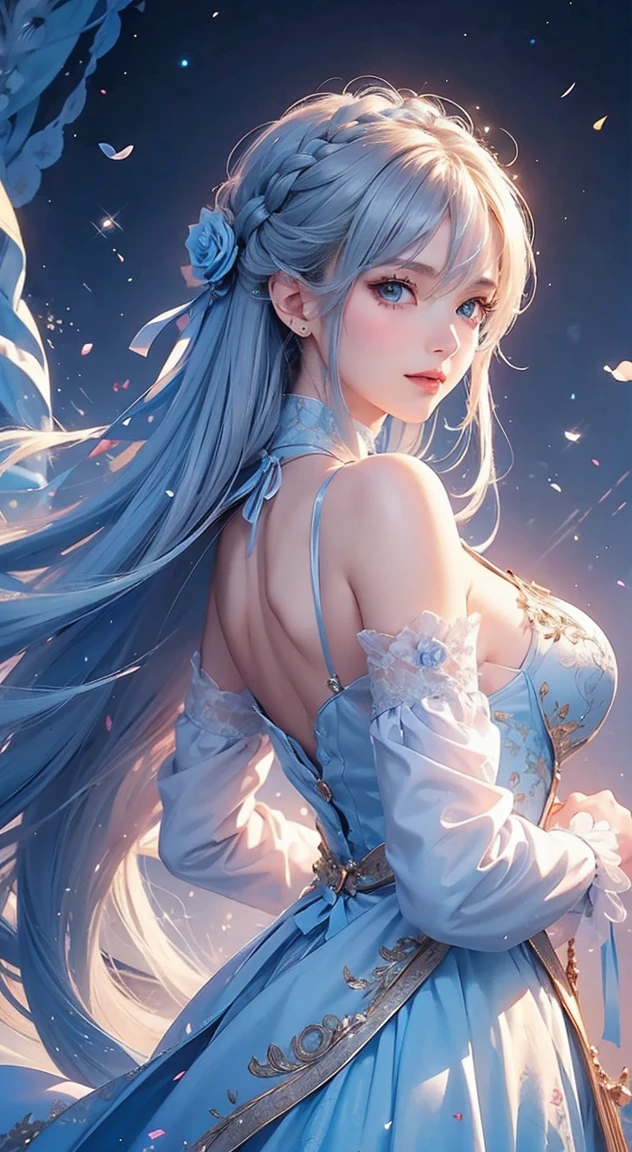 ((Highest quality)), ((masterpiece)), (Get used to it), Perfect Face , masterpiece、Highest quality、High resolution、High-quality images、8k, 1 female、Skin Radiance、Texture of skin and clothing、Expression of fine eyes、Shining silver hair,Girl with long braided hair, Manga inspired by Lee Jong-suk, Trending on deviantart, realism, detailed manga style, Manga art style, Perfect line drawing, Beautiful line art, digital manga art girl, K-POPアイドル, Beautiful light blue eyes, Lips become thicker, Gorgeous face with attention to detail, (Cute Smile), charm, Innocent, Side view, (Perfectly detailed face), (Beautiful Hands) Photorealistic images, Written boundary depth, 20th Generation ,beautiful girl , Light blue rose , Lace dress , Mid-chest , protruding shoulders , Her cleavage is visible , Light blue rose , 背景にはたくさんのLight blue roseがあります ,