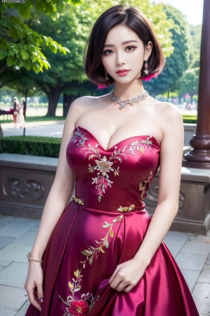 (masterpiece:1.4), (best quality:1.4), ultra high res, ultra high resolution, ((detailed facial features)), HDR, (realistic, photorealistic, photo-realistic:1.37), full body Esbian, sexy Vietnamese model, (-anime), vivid colors, ((vivid colors multicolor (red, fuchsia) very short hair)), (happy smile), lip-gloss, long lashes, ultra detailed metallic makeup, defined eyebrows, wearing large sparkling colorful jewelery, wearing a red silk Paradise Kiss cosplay dress with black floral embroidery, ((vivid colors outfit)), vivid colors, look at the camera, cinematic light, large park background with trees, sweet and sexy pose