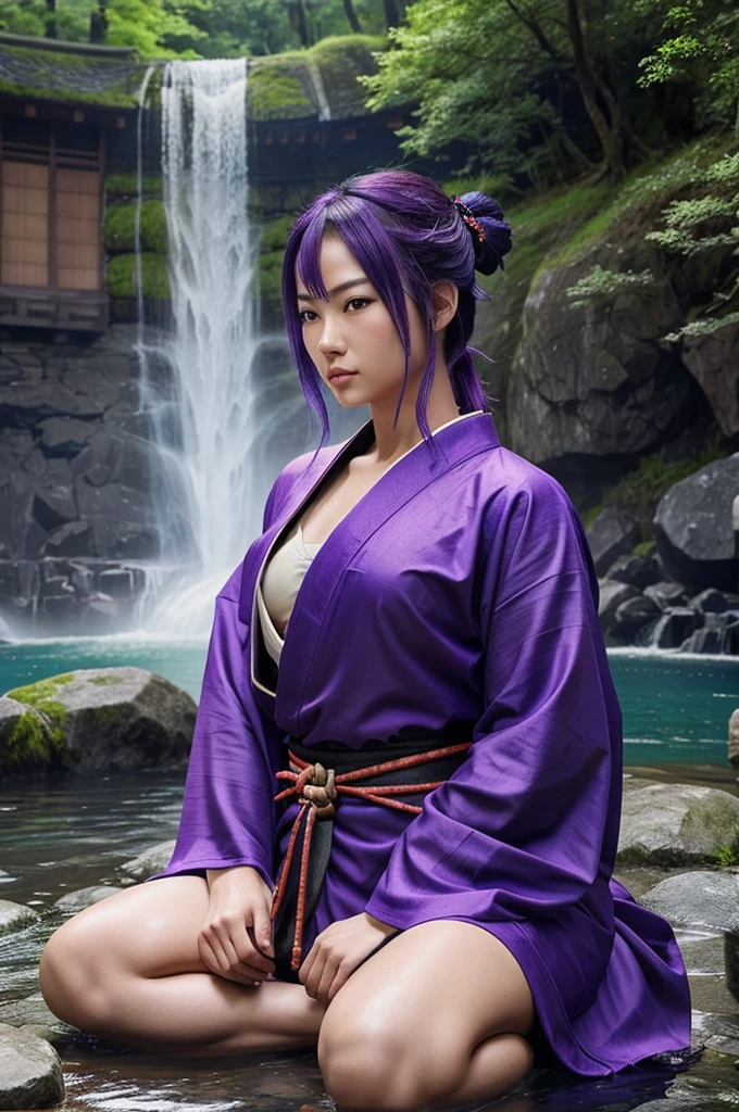 Generate a image of a samurai with 3 swords, a purple robe, and blue and purple hair, sitting besides a beautiful scenery in nature with a water fall
