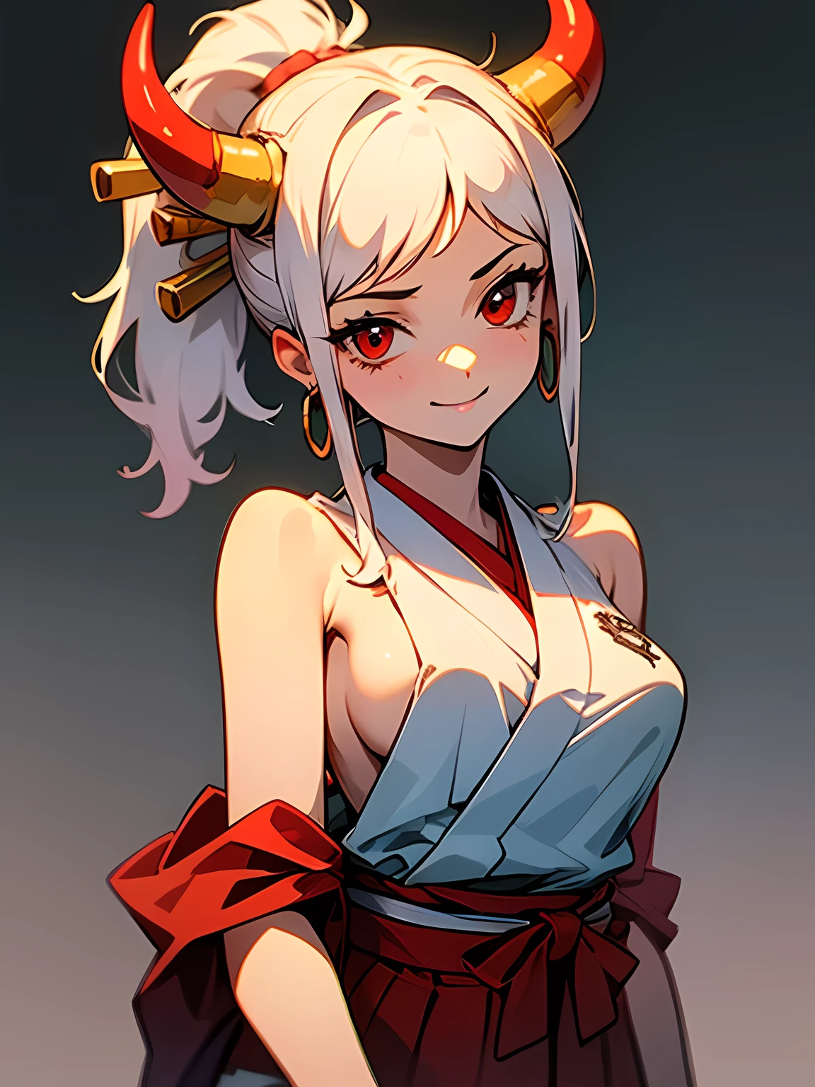 (medium breasts, slim girl, very slim girl), YamatoV2,1girl, horns, (black ponytail),big forehdad, solo, oni, red horns, curled horns, hair ornament, (multicolored horns), jewelry, earrings, japanese clothes, kimono, hair stick, sleeveless, bare shoulders, hoop earrings, hakama, wide smile, ((red eyes)),  masterpiece, ((ultra detailed background, delicate pattern, intricate detail)), (highly detailed, fine details), best quality,beautiful lighting,