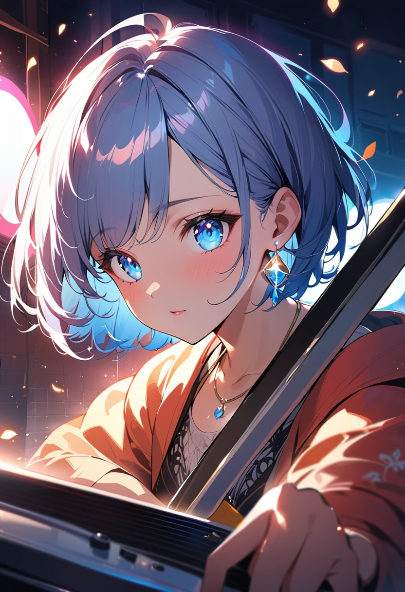 masterpiece, Highest quality, (((Playing the Electone)))、Raising awareness, Sax Blue, プラチナEarrings, Platinum Necklace, One Girl, cute, (Dynamic Lighting:1.2), Cinema Lighting, Delicate facial features, Detailed eyes, Sharp pupils,, Written boundary depth, ボケ Written boundary depth, Sharp focus, (Very detailed, bloom, Shine:1.4), Lots of little gems, (((short_hair))),　Toru Asakura、Earrings、gradation hair、multi color hair、分けた前hair、blue hair、Upper Body、a woman with white hair is posing for a picture, digital art, inspired by Yanjun Cheng, pixiv, barbie doll in panties and bra, exquisite and smooth detail, bust view, morning time