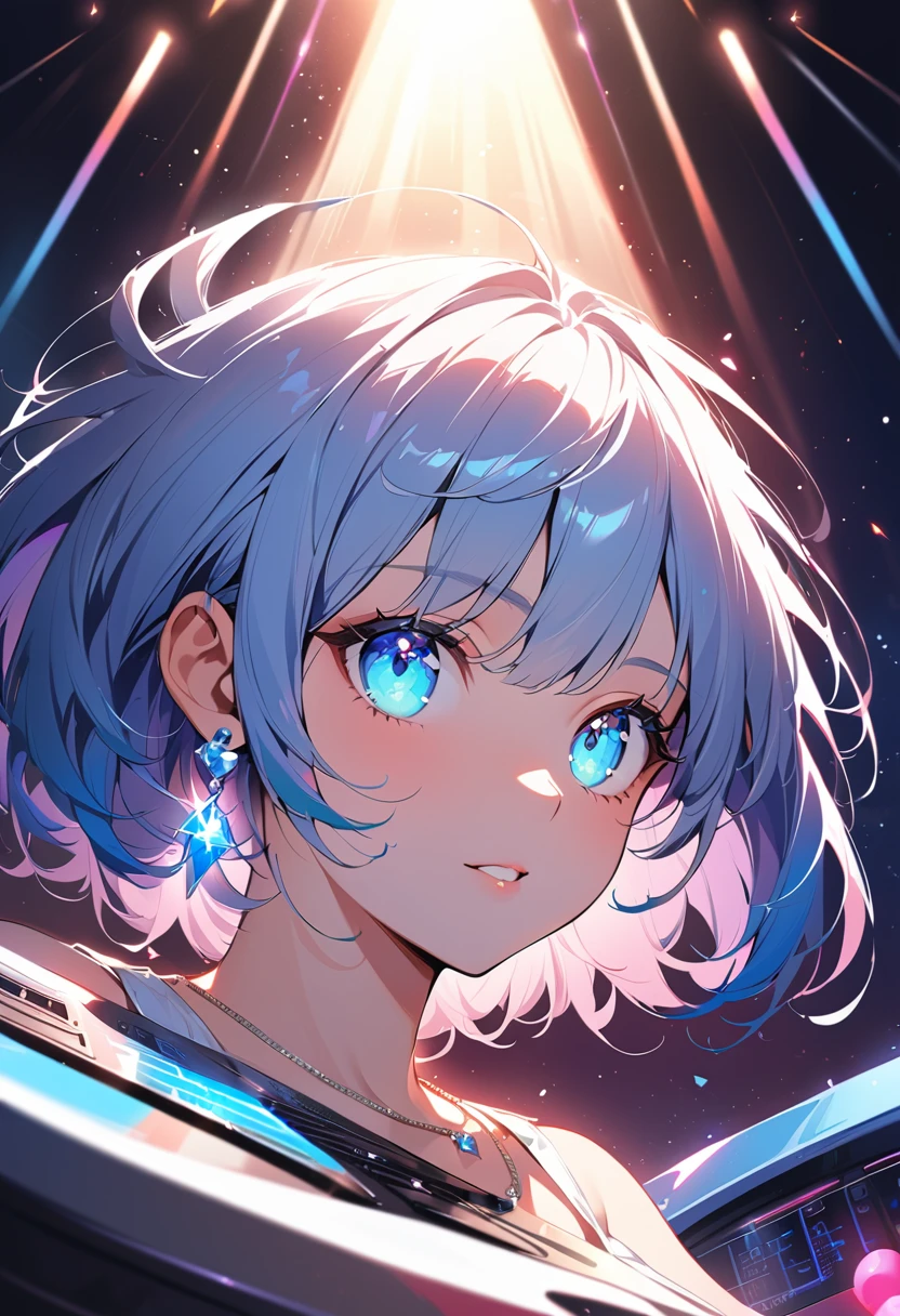 masterpiece, Highest quality, (((Playing the Electone)))、Raising awareness, Sax Blue, プラチナEarrings, Platinum Necklace, One Girl, cute, (Dynamic Lighting:1.2), Cinema Lighting, Delicate facial features, Detailed eyes, Sharp pupils,, Written boundary depth, ボケ Written boundary depth, Sharp focus, (Very detailed, bloom, Shine:1.4), Lots of little gems, (((short_hair))),　Toru Asakura、Earrings、gradation hair、multi color hair、分けた前hair、blue hair、Upper Body、a woman with white hair is posing for a picture, digital art, inspired by Yanjun Cheng, pixiv, barbie doll in panties and bra, exquisite and smooth detail, bust view, morning time