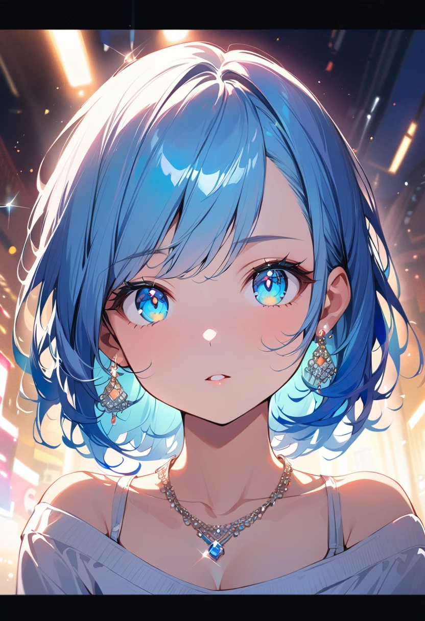 masterpiece, Highest quality, (((Playing the Electone)))、Raising awareness, Sax Blue, プラチナEarrings, Platinum Necklace, One Girl, cute, (Dynamic Lighting:1.2), Cinema Lighting, Delicate facial features, Detailed eyes, Sharp pupils,, Written boundary depth, ボケ Written boundary depth, Sharp focus, (Very detailed, bloom, Shine:1.4), Lots of little gems, (((short_hair))), Toru Asakura、Earrings、gradation hair、multi color hair、分けた前hair、blue hair、Upper Body、a woman with white hair is posing for a picture, digital art, inspired by Yanjun Cheng, pixiv, barbie doll in panties and bra, exquisite and smooth detail, bust view, morning time
