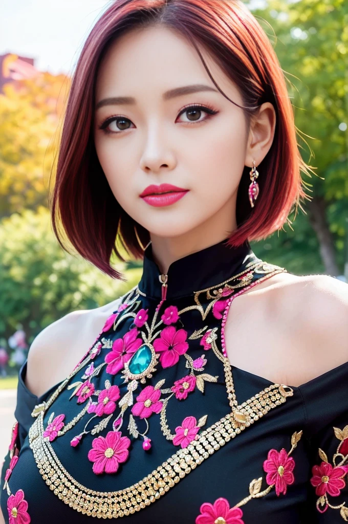 (masterpiece:1.4), (best quality:1.4), ultra high res, ultra high resolution, ((detailed facial features)), HDR, (realistic, photorealistic, photo-realistic:1.37), full body Esbian, sexy Vietnamese model, (-anime), vivid colors, ((vivid colors multicolor (red, fuchsia) very short hair)), (happy smile), lip-gloss, long lashes, ultra detailed metallic makeup, defined eyebrows, wearing large sparkling colorful jewelery, wearing a red silk Paradise Kiss cosplay dress with black floral embroidery, ((vivid colors outfit)), vivid colors, look at the camera, cinematic light, large park background with trees, sweet and sexy pose